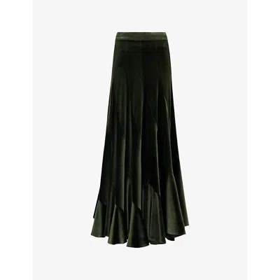Leem Womens Green High-rise Panel-detail Stretch-velvet Midi Skirt