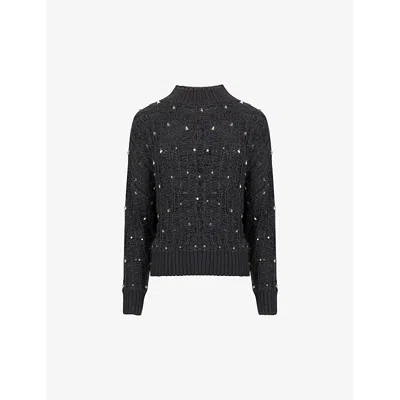 Leem Womens Grey Metal-embellished Long-sleeve Knitted Jumper