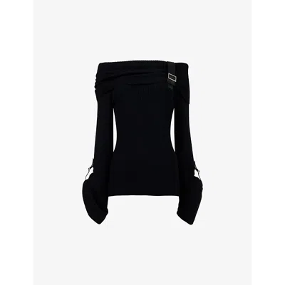 Leem Womens Black Off-shoulder Slim-fit Long-sleeve Knitted Top