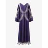 Leem Womens Purple V-neck Embroidered Cotton Kaftan