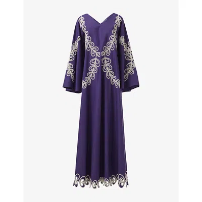 Leem Womens Purple V-neck Embroidered Cotton Kaftan
