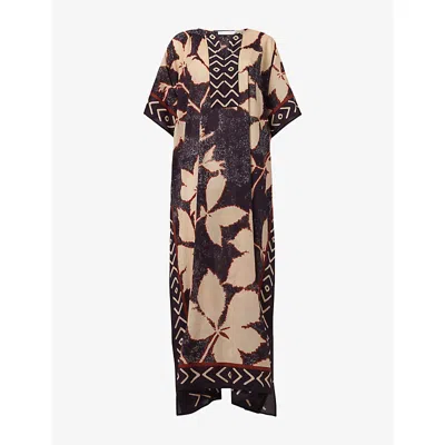 Leem Womens Multi-coloured Notch-neck Floral Print Cotton Kaftan In Brown