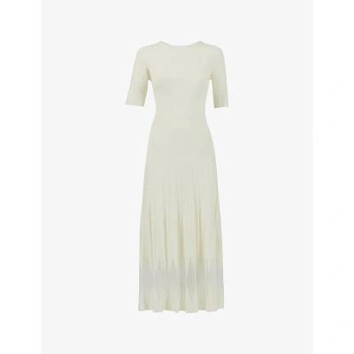 Leem Womens Off White Round-neck Pleated-skirt Knitted Midi Dress