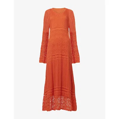 Leem Womens Orange Long-sleeve Crochet Knit Kaftan Dress
