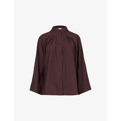 Leem Womens Brown Pleat-front Relaxed-fit Cotton-blend Blouse