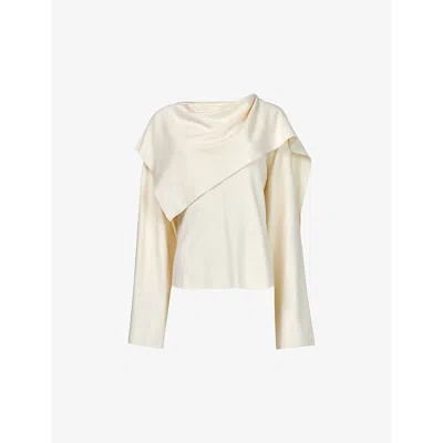 Leem Womens White Scarf Relaxed-fit Long-sleeve Knitted Jumper