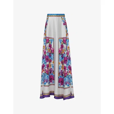 Leem Womens  Floral-print Flared Woven Maxi Skirt In White