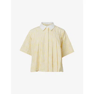 Leem Womens Yellow Striped Pleated Woven Shirt In Neutral