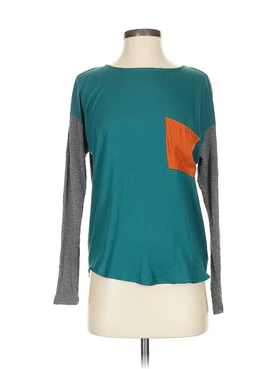 Pre-owned Left Coast By Dolan Long Sleeve Top Teal Color Block Pattern Crew Neck Tops In Blue