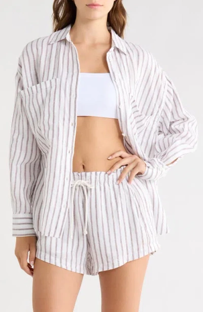 Left On Friday Getaway Stripe Linen Cover-up Shirt In Blue