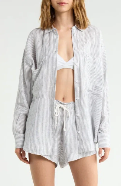 Left On Friday Getaway Stripe Linen Cover-up Shirt In Blue