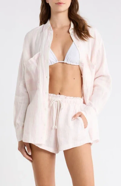 Left On Friday Getaway Stripe Linen Cover-up Shirt In Pink