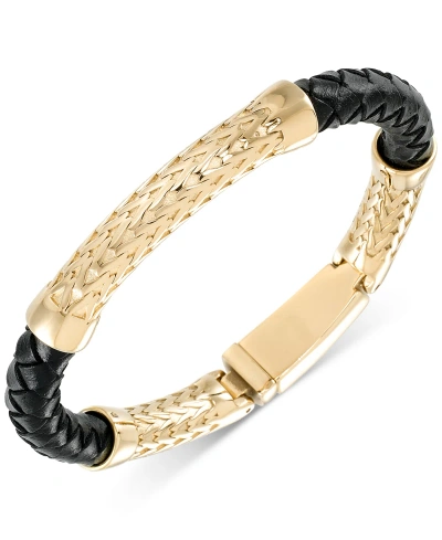 Legacy For Men By Simone I. Smith Black Leather Bracelet In Stainless Steel In Gold-tone