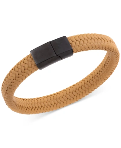 Legacy For Men By Simone I. Smith Men's Braided Fiber Bracelet In Black Ion-plated Stainless Steel In Tan