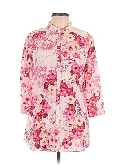 Pre-owned Leggiadro 3/4 Sleeve Silk Top Pink Floral Pattern Mock Neckline Tops
