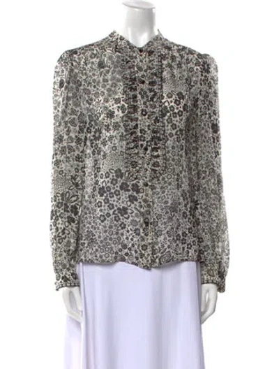 Pre-owned Leggiadro Floral Print Mock Neck Blouse In Black