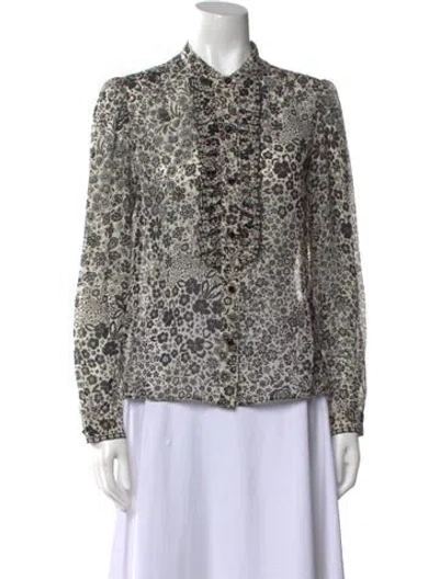 Pre-owned Leggiadro Floral Print Mock Neck Button-up Top In Black