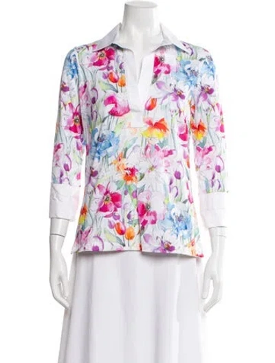 Pre-owned Leggiadro Floral Print Three-quarter Sleeve Top W/ Tags In Neutral