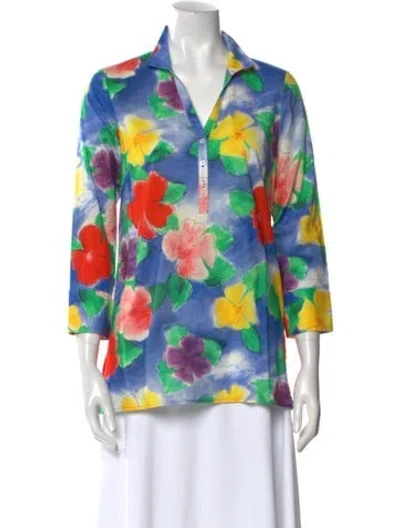 Pre-owned Leggiadro Floral Print V-neck Blouse W/ Tags In Blue