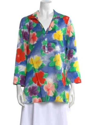 Pre-owned Leggiadro Floral Print V-neck Polo W/ Tags In Blue