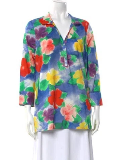 Pre-owned Leggiadro Floral Print V-neck Tunic W/ Tags In Blue