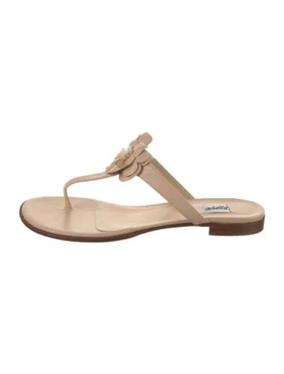 Pre-owned Leggiadro Leather Ruffle Embellishment T-strap Sandals In Neutral