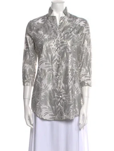 Pre-owned Leggiadro Printed Three-quarter Sleeve Button-up Top W/ Tags In Neutral
