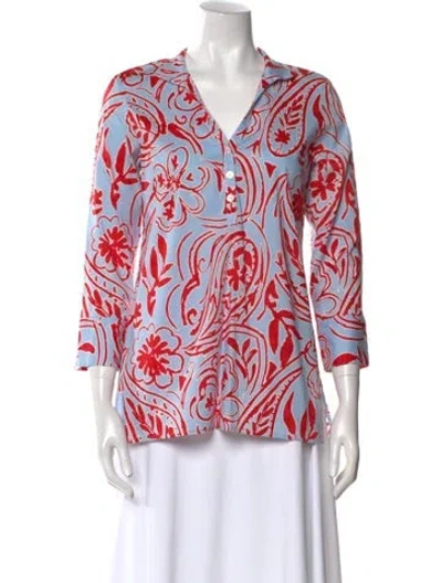 Pre-owned Leggiadro Printed V-neck Blouse In Blue