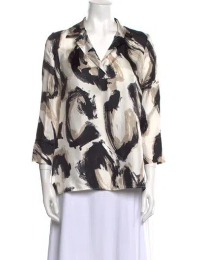 Pre-owned Leggiadro Printed V-neck Blouse W/ Tags In Black