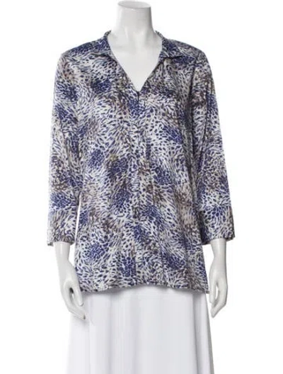 Pre-owned Leggiadro Printed V-neck Blouse W/ Tags In Blue