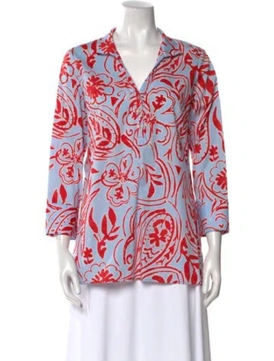 Pre-owned Leggiadro Printed V-neck Blouse W/ Tags In Blue