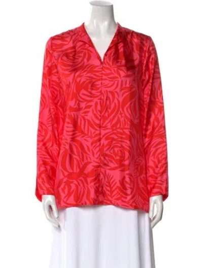 Pre-owned Leggiadro Printed V-neck Blouse W/ Tags In Red