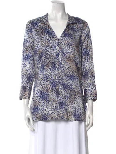 Pre-owned Leggiadro Printed V-neck Button-up Top W/ Tags In Blue