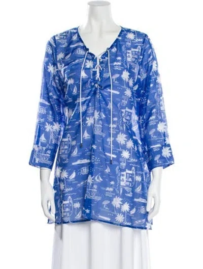 Pre-owned Leggiadro Printed V-neck Tunic W/ Tags In Blue
