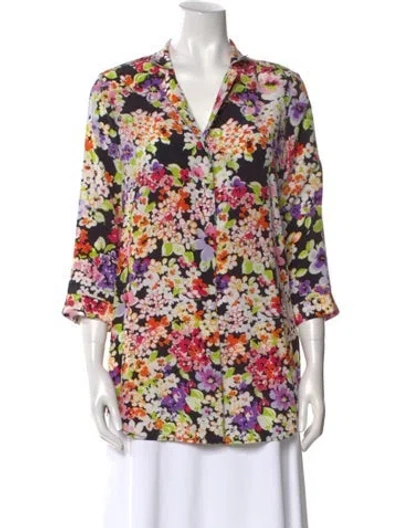 Pre-owned Leggiadro Silk Floral Print Button-up Top W/ Tags In Black