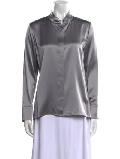 Pre-owned Leggiadro Silk Mock Neck Button-up Top W/ Tags In Gray