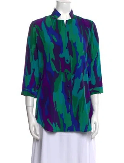 Pre-owned Leggiadro Silk Printed Blouse W/ Tags In Green