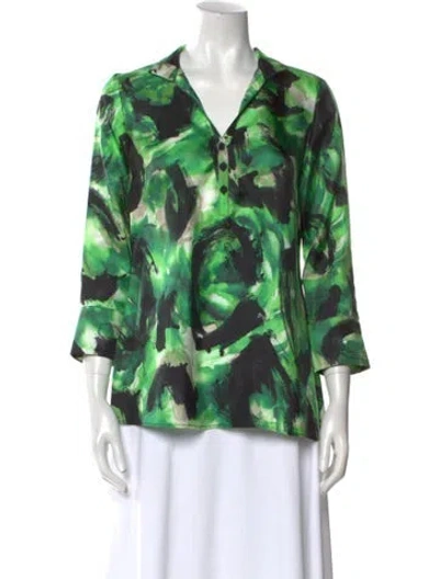 Pre-owned Leggiadro Silk Printed Blouse W/ Tags In Green