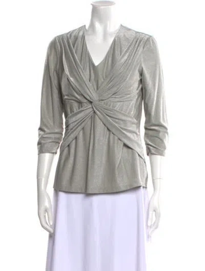 Pre-owned Leggiadro V-neck Three-quarter Sleeve Blouse In Gray