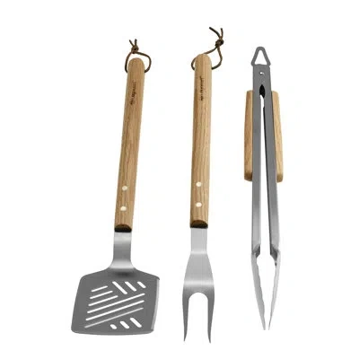 Legnoart Sturdy Bbq Wooden Handle Grill Tool Set In Stainless Steel