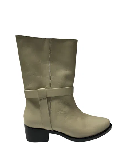 Legres Stacked-heel Biker Boot In White Leather In Green