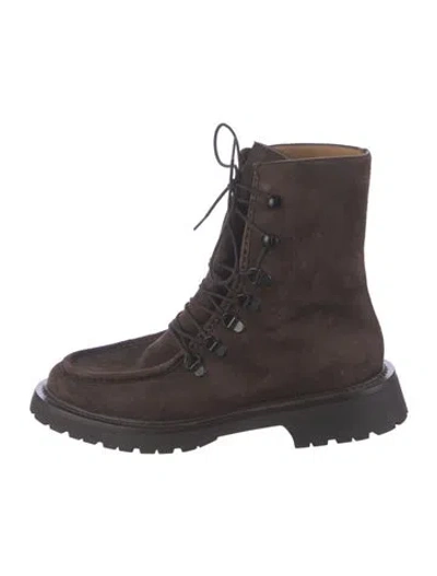 Pre-owned Legres Suede Faux Fur Trim Lace-up Boots In Brown