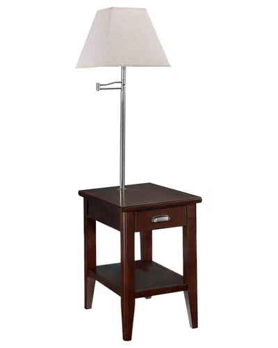 Leick Home Laurent Solid Wood Side Table With Built-in Swing Arm Lamp & Drawer In Brown