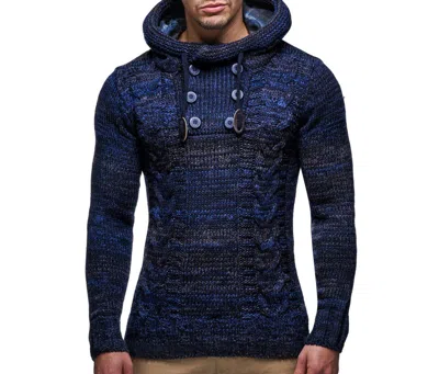 Leif Nelson Men's Knit Hoodie Sweater With Button Accents &#x2013; Cable Knit Design In Dark Blue