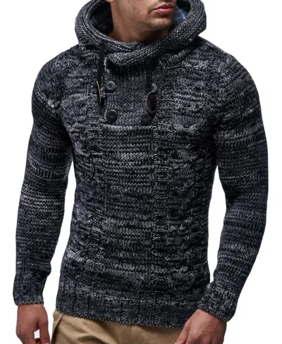 Leif Nelson Men's Knit Hoodie Sweater With Button Accents &#x2013; Cable Knit Design In Black