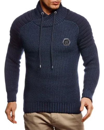 Leif Nelson Men's Knitted Winter Pullover With Shawl Collar Sweater Hoodie Sweatshirt Slim Fit Long Sleeve In Blue