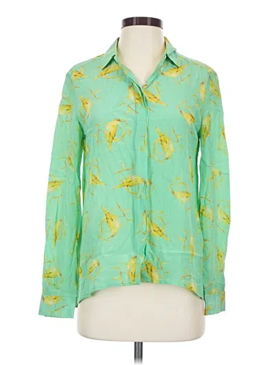 Pre-owned Leifsdottir Long Sleeve Silk Top Green Print Pattern Collared Neckline Tops