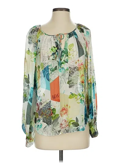 Pre-owned Leifsdottir Long Sleeve Silk Top Green Print Pattern Keyhole Neckline Tops