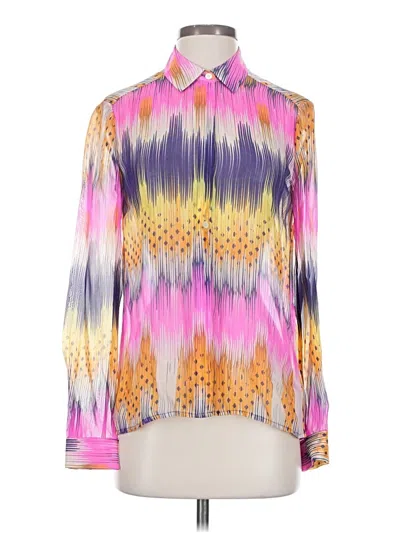 Pre-owned Leifsdottir Long Sleeve Silk Top Pink Print Pattern Mock Neckline Tops