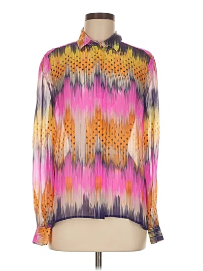 Pre-owned Leifsdottir Long Sleeve Silk Top Pink Print Pattern Mock Neckline Tops